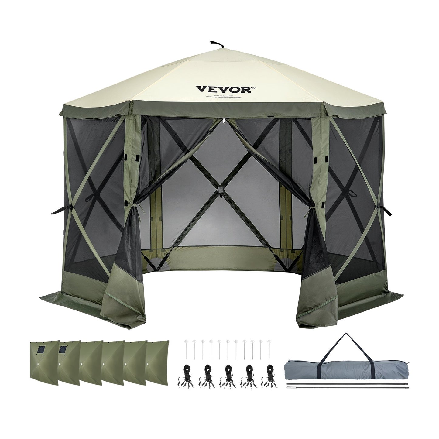 Pop Up Gazebo Tent, Pop-Up Screen Tent 6 Sided Canopy Sun Shelter with 6 Removable Privacy Wind Cloths & Mesh Windows, 10x10FT Quick Set Screen Tent with Mosquito Netting, Army Green - Image 9