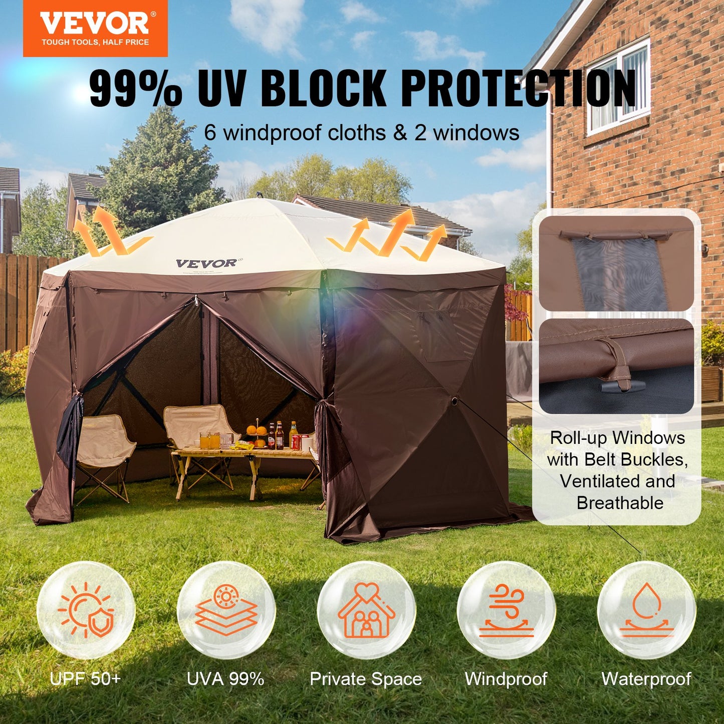 Pop Up Gazebo Tent, Pop-Up Screen Tent 6 Sided Canopy Sun Shelter with 6 Removable Privacy Wind Cloths & Mesh Windows, 11.5x11.5FT Quick Set Screen Tent with Mosquito Netting, Brown - Image 2