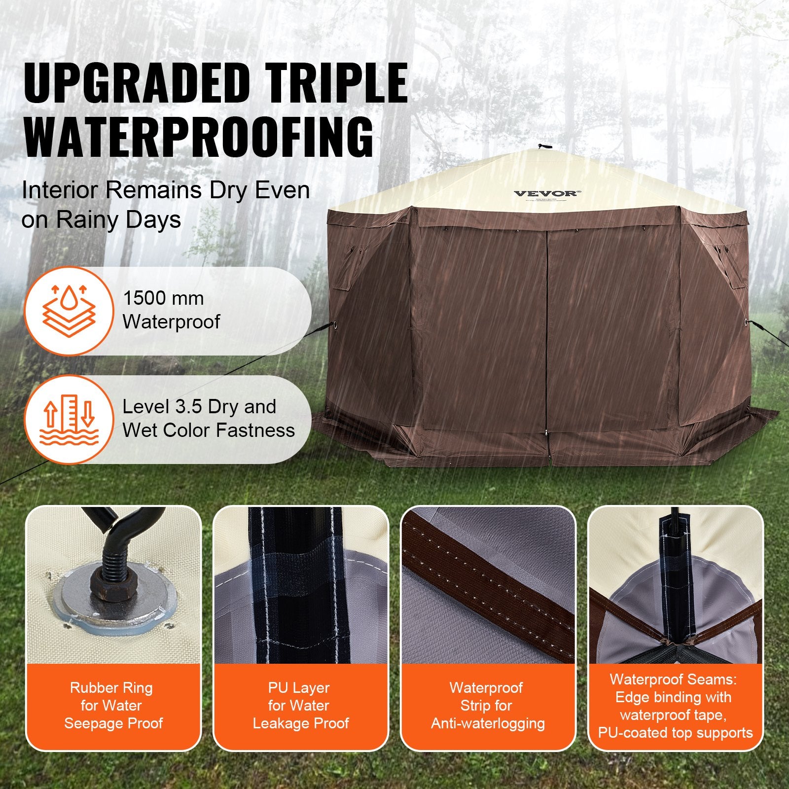 Pop Up Gazebo Tent, Pop-Up Screen Tent 6 Sided Canopy Sun Shelter with 6 Removable Privacy Wind Cloths & Mesh Windows, 11.5x11.5FT Quick Set Screen Tent with Mosquito Netting, Brown - Image 3
