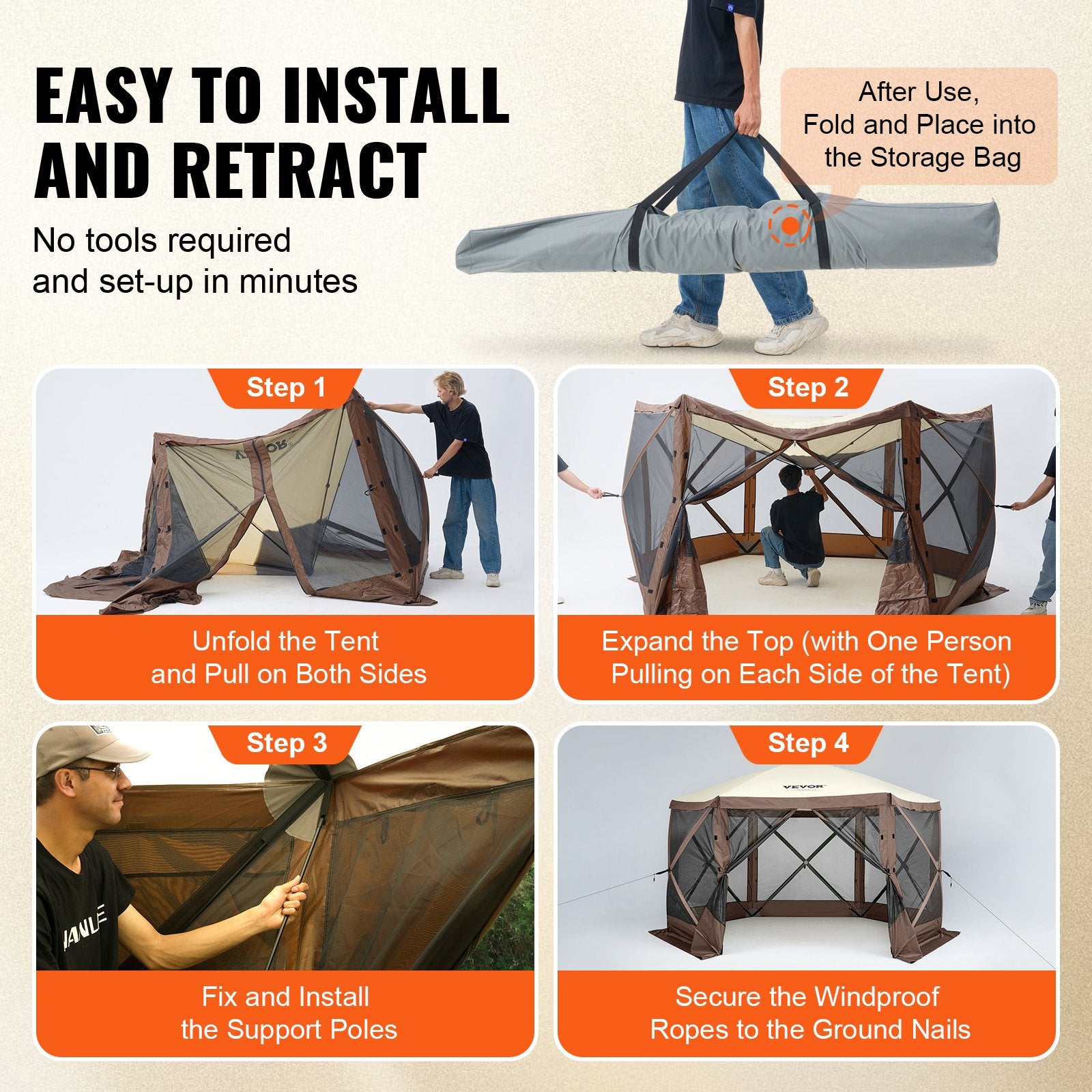 Pop Up Gazebo Tent, Pop-Up Screen Tent 6 Sided Canopy Sun Shelter with 6 Removable Privacy Wind Cloths & Mesh Windows, 11.5x11.5FT Quick Set Screen Tent with Mosquito Netting, Brown - Image 5