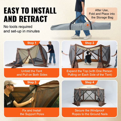 Pop Up Gazebo Tent, Pop-Up Screen Tent 6 Sided Canopy Sun Shelter with 6 Removable Privacy Wind Cloths & Mesh Windows, 11.5x11.5FT Quick Set Screen Tent with Mosquito Netting, Brown - Image 5