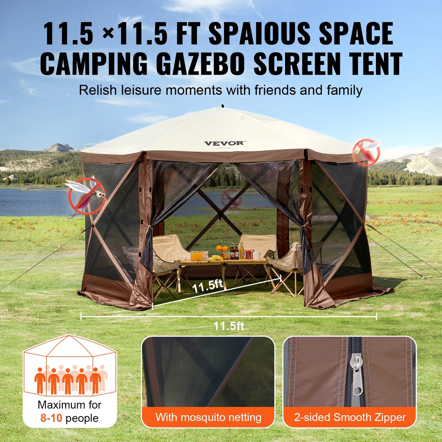 Pop Up Gazebo Tent, Pop-Up Screen Tent 6 Sided Canopy Sun Shelter with 6 Removable Privacy Wind Cloths & Mesh Windows, 11.5x11.5FT Quick Set Screen Tent with Mosquito Netting, Brown - Image 6