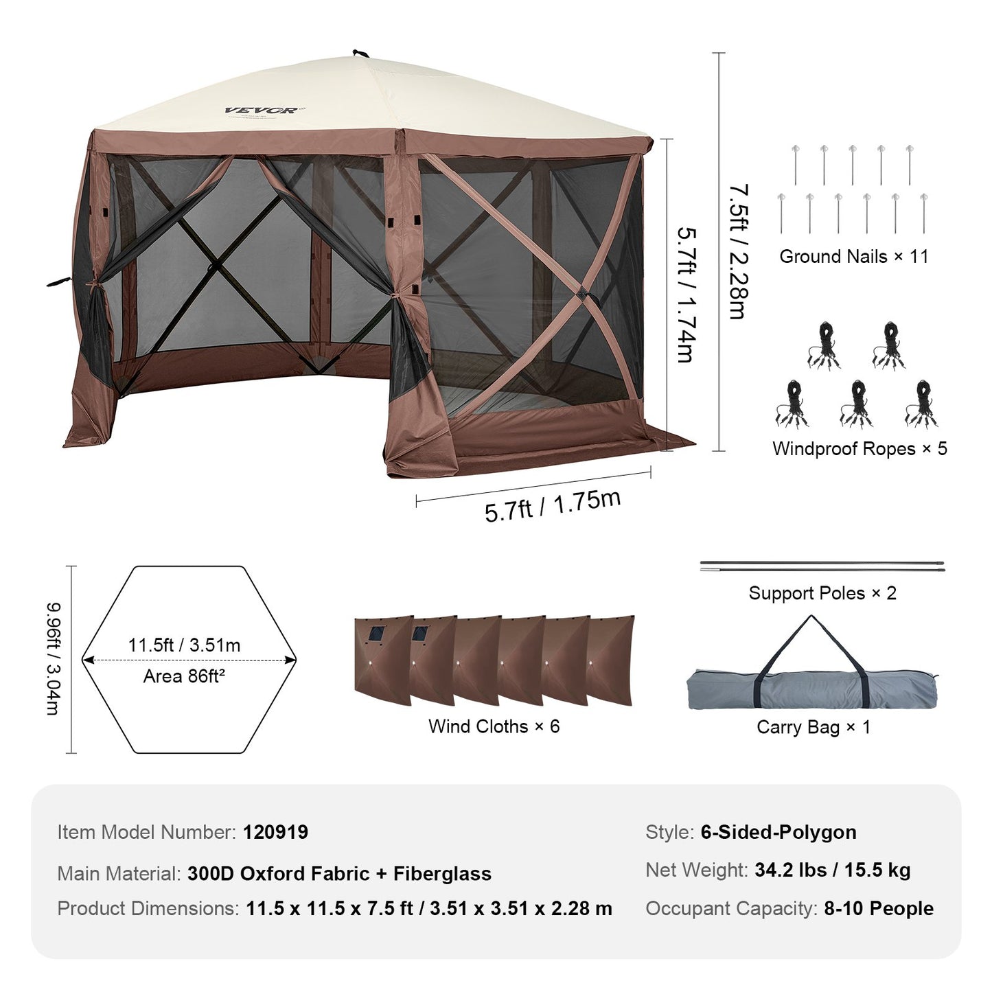 Pop Up Gazebo Tent, Pop-Up Screen Tent 6 Sided Canopy Sun Shelter with 6 Removable Privacy Wind Cloths & Mesh Windows, 11.5x11.5FT Quick Set Screen Tent with Mosquito Netting, Brown - Image 7