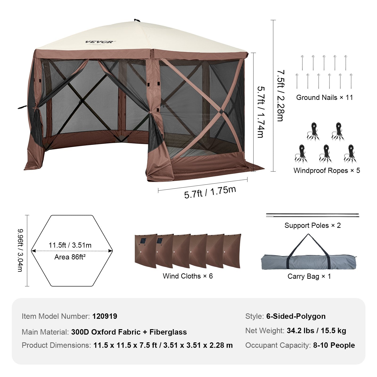 Pop Up Gazebo Tent, Pop-Up Screen Tent 6 Sided Canopy Sun Shelter with 6 Removable Privacy Wind Cloths & Mesh Windows, 11.5x11.5FT Quick Set Screen Tent with Mosquito Netting, Brown - Image 7