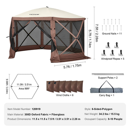 Pop Up Gazebo Tent, Pop-Up Screen Tent 6 Sided Canopy Sun Shelter with 6 Removable Privacy Wind Cloths & Mesh Windows, 11.5x11.5FT Quick Set Screen Tent with Mosquito Netting, Brown - Image 7
