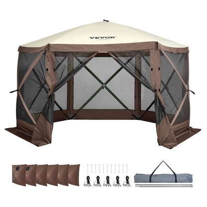 Pop Up Gazebo Tent, Pop-Up Screen Tent 6 Sided Canopy Sun Shelter with 6 Removable Privacy Wind Cloths & Mesh Windows, 11.5x11.5FT Quick Set Screen Tent with Mosquito Netting, Brown - Image 9