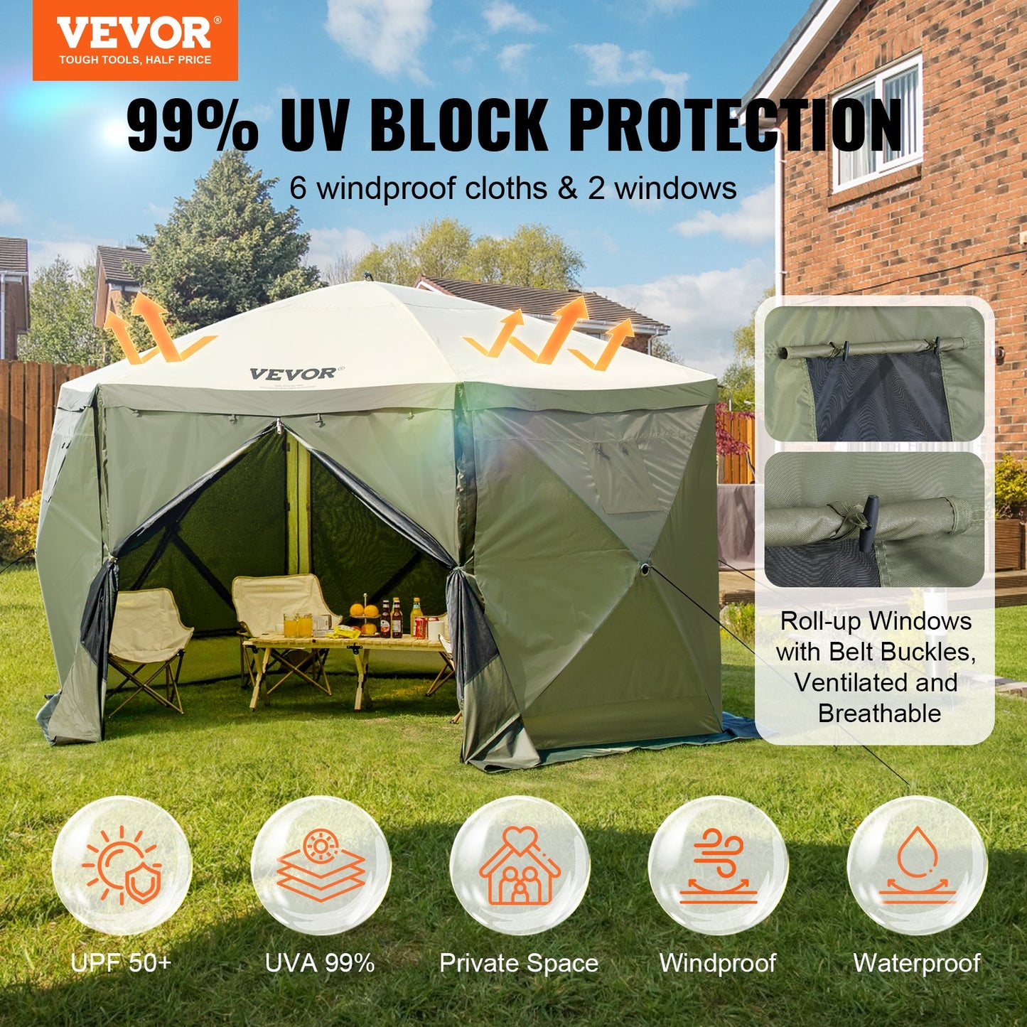 Pop Up Gazebo Tent, Pop-Up Screen Tent 6 Sided Canopy Sun Shelter with 6 Removable Privacy Wind Cloths & Mesh Windows, 12x12FT Quick Set Screen Tent with Mosquito Netting, Army Green - Image 2