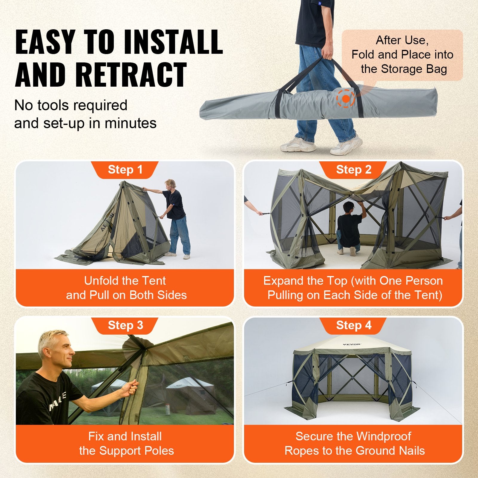 Pop Up Gazebo Tent, Pop-Up Screen Tent 6 Sided Canopy Sun Shelter with 6 Removable Privacy Wind Cloths & Mesh Windows, 12x12FT Quick Set Screen Tent with Mosquito Netting, Army Green - Image 5