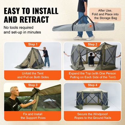 Pop Up Gazebo Tent, Pop-Up Screen Tent 6 Sided Canopy Sun Shelter with 6 Removable Privacy Wind Cloths & Mesh Windows, 12x12FT Quick Set Screen Tent with Mosquito Netting, Army Green - Image 5