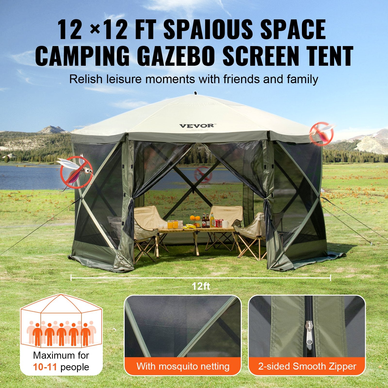 Pop Up Gazebo Tent, Pop-Up Screen Tent 6 Sided Canopy Sun Shelter with 6 Removable Privacy Wind Cloths & Mesh Windows, 12x12FT Quick Set Screen Tent with Mosquito Netting, Army Green - Image 6