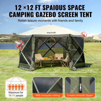 Pop Up Gazebo Tent, Pop-Up Screen Tent 6 Sided Canopy Sun Shelter with 6 Removable Privacy Wind Cloths & Mesh Windows, 12x12FT Quick Set Screen Tent with Mosquito Netting, Army Green - Image 6