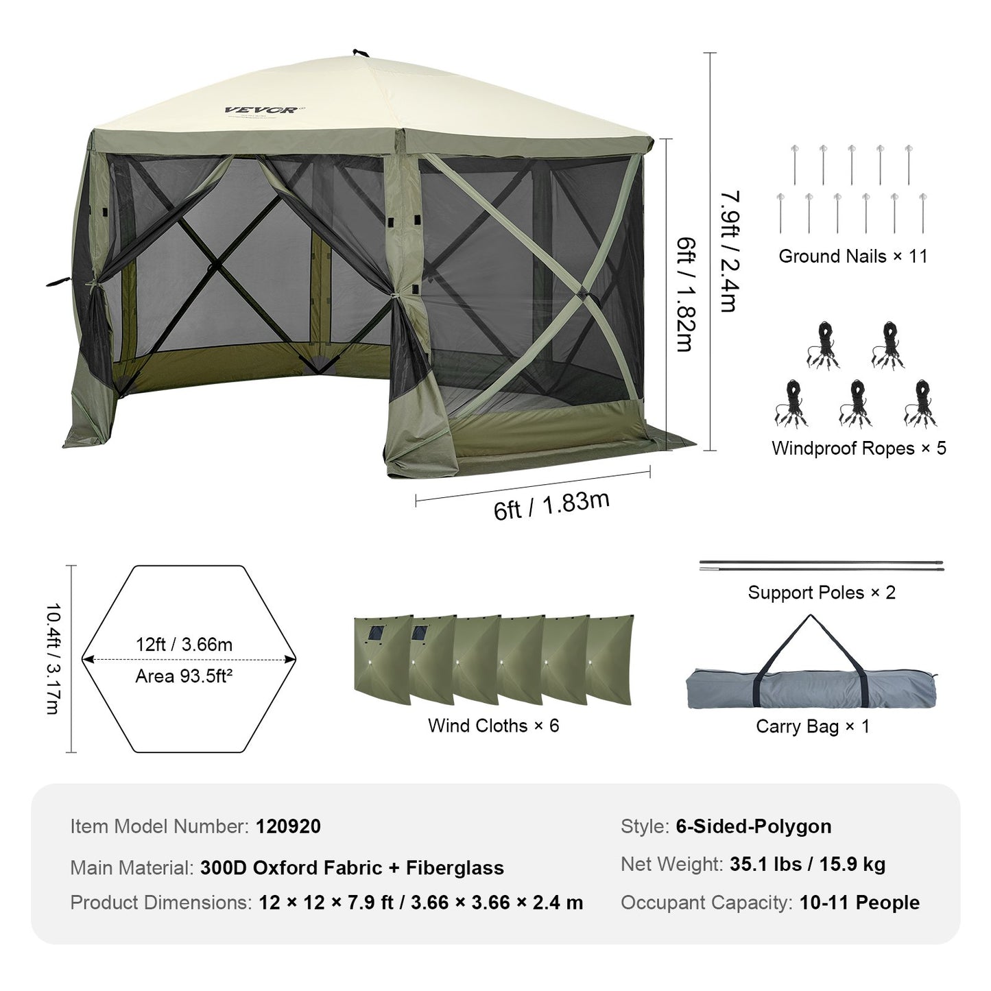 Pop Up Gazebo Tent, Pop-Up Screen Tent 6 Sided Canopy Sun Shelter with 6 Removable Privacy Wind Cloths & Mesh Windows, 12x12FT Quick Set Screen Tent with Mosquito Netting, Army Green - Image 7