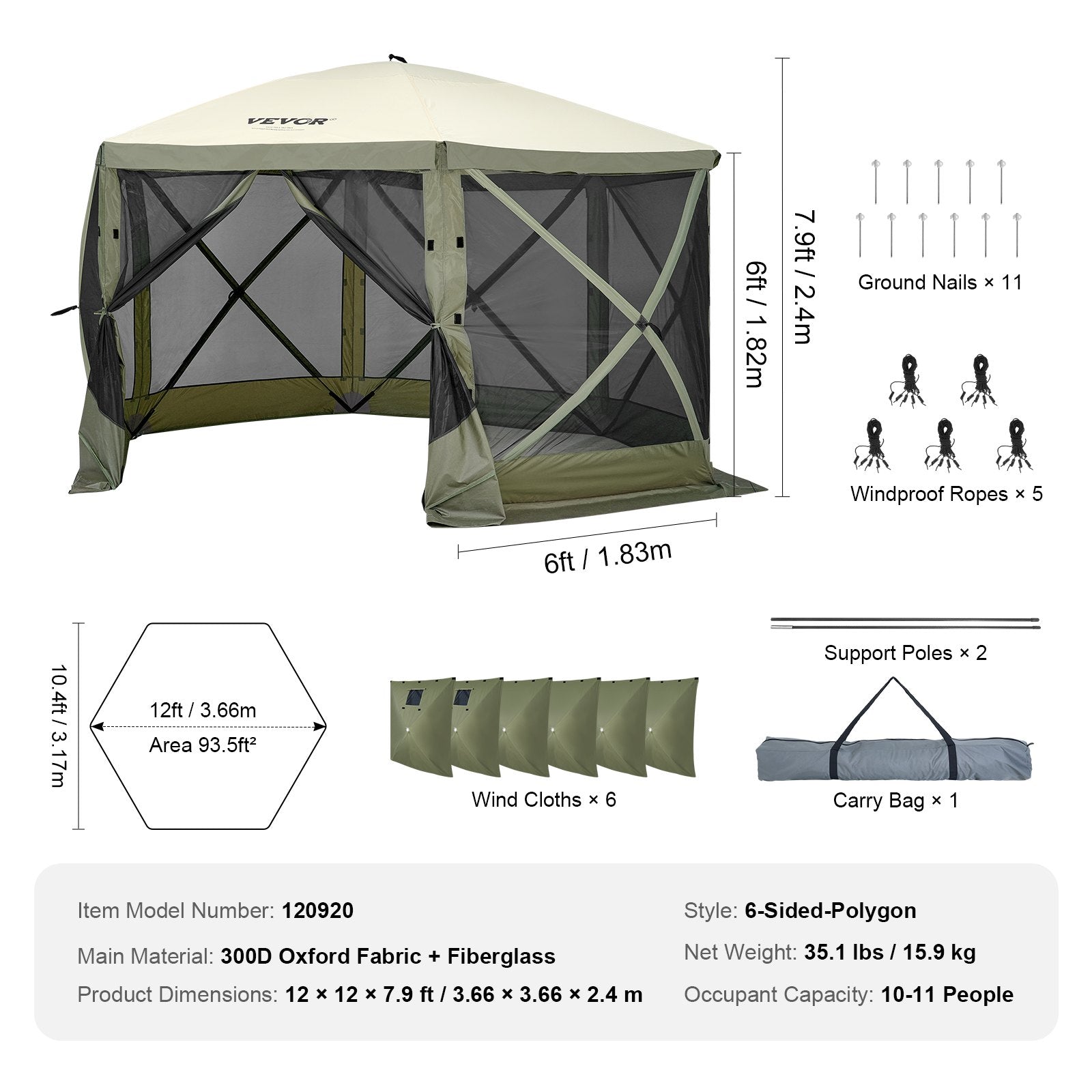 Pop Up Gazebo Tent, Pop-Up Screen Tent 6 Sided Canopy Sun Shelter with 6 Removable Privacy Wind Cloths & Mesh Windows, 12x12FT Quick Set Screen Tent with Mosquito Netting, Army Green - Image 7