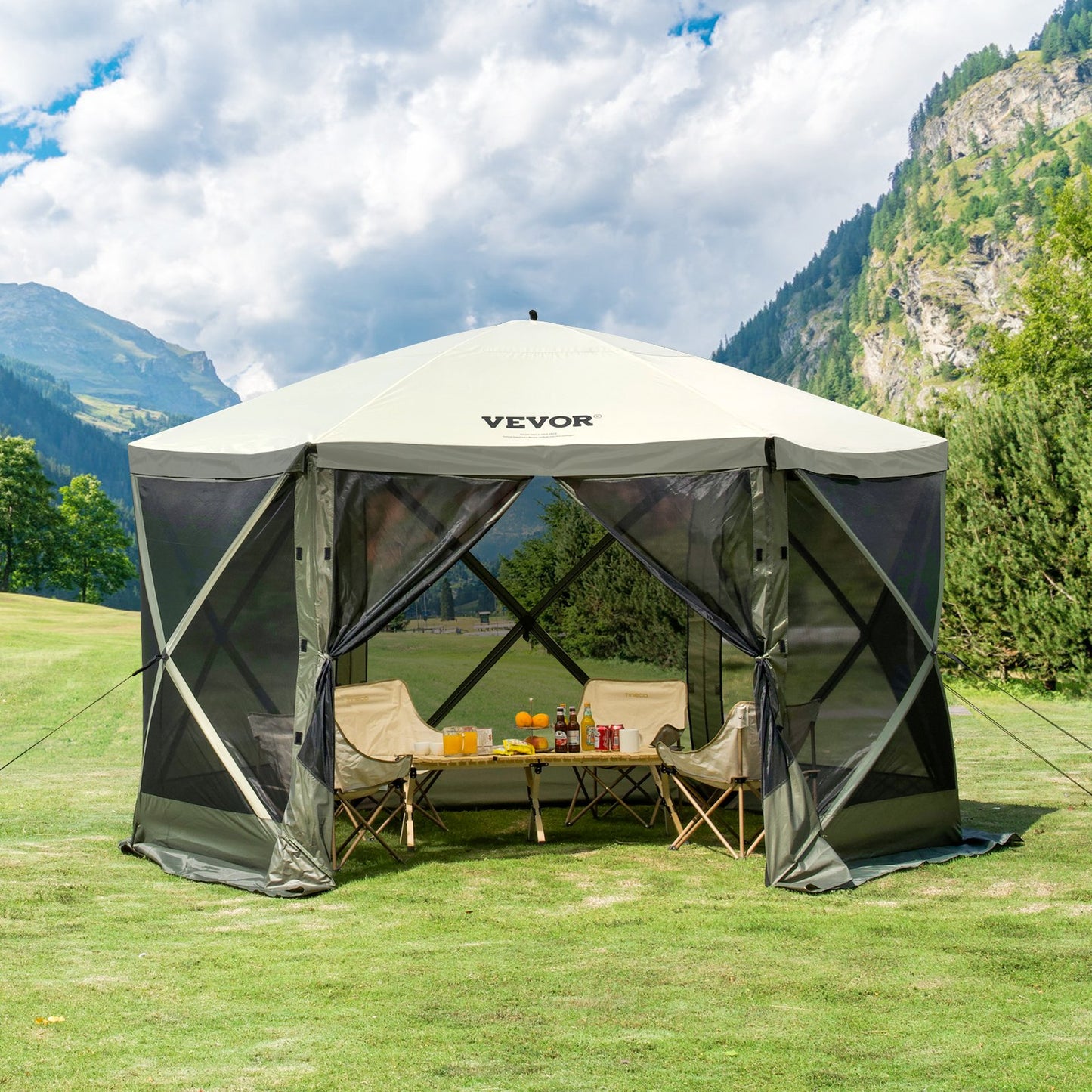Pop Up Gazebo Tent, Pop-Up Screen Tent 6 Sided Canopy Sun Shelter with 6 Removable Privacy Wind Cloths & Mesh Windows, 12x12FT Quick Set Screen Tent with Mosquito Netting, Army Green - Image 8