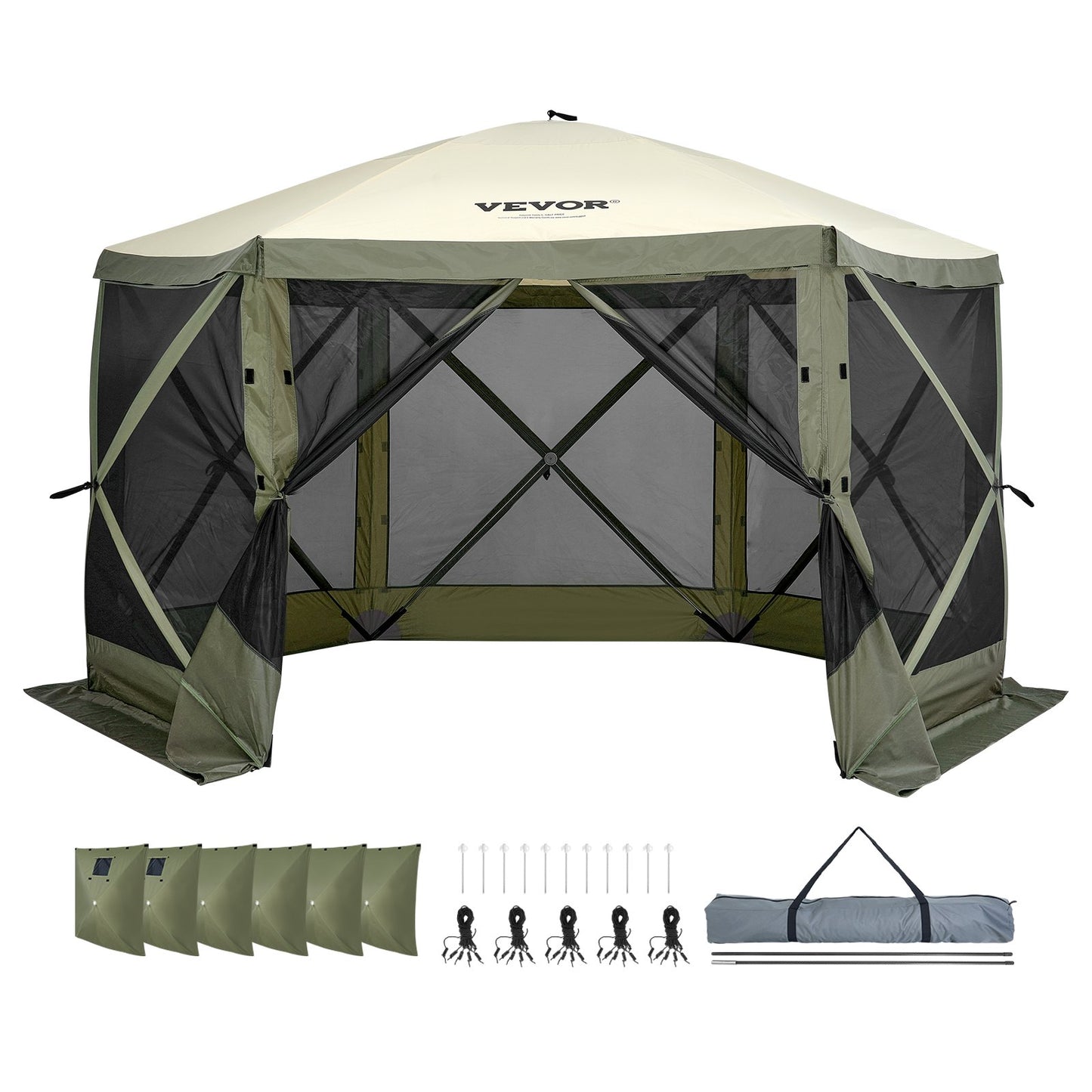 Pop Up Gazebo Tent, Pop-Up Screen Tent 6 Sided Canopy Sun Shelter with 6 Removable Privacy Wind Cloths & Mesh Windows, 12x12FT Quick Set Screen Tent with Mosquito Netting, Army Green - Image 9