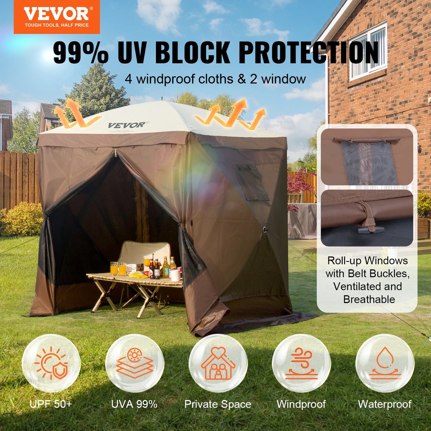 Pop Up Gazebo Tent, Pop-Up Screen Tent 4 Sided Canopy Sun Shelter with 4 Removable Privacy Wind Cloths & Mesh Windows, 6x6FT Quick Set Screen Tent with Mosquito Netting, Brown - Image 2
