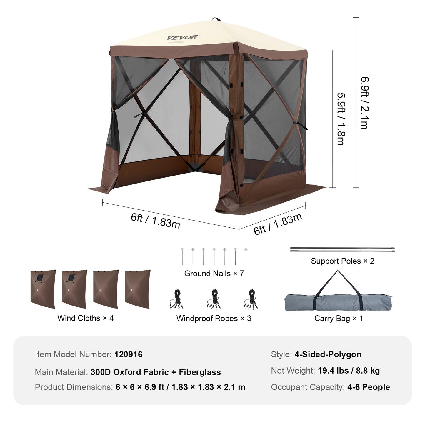 Pop Up Gazebo Tent, Pop-Up Screen Tent 4 Sided Canopy Sun Shelter with 4 Removable Privacy Wind Cloths & Mesh Windows, 6x6FT Quick Set Screen Tent with Mosquito Netting, Brown - Image 7