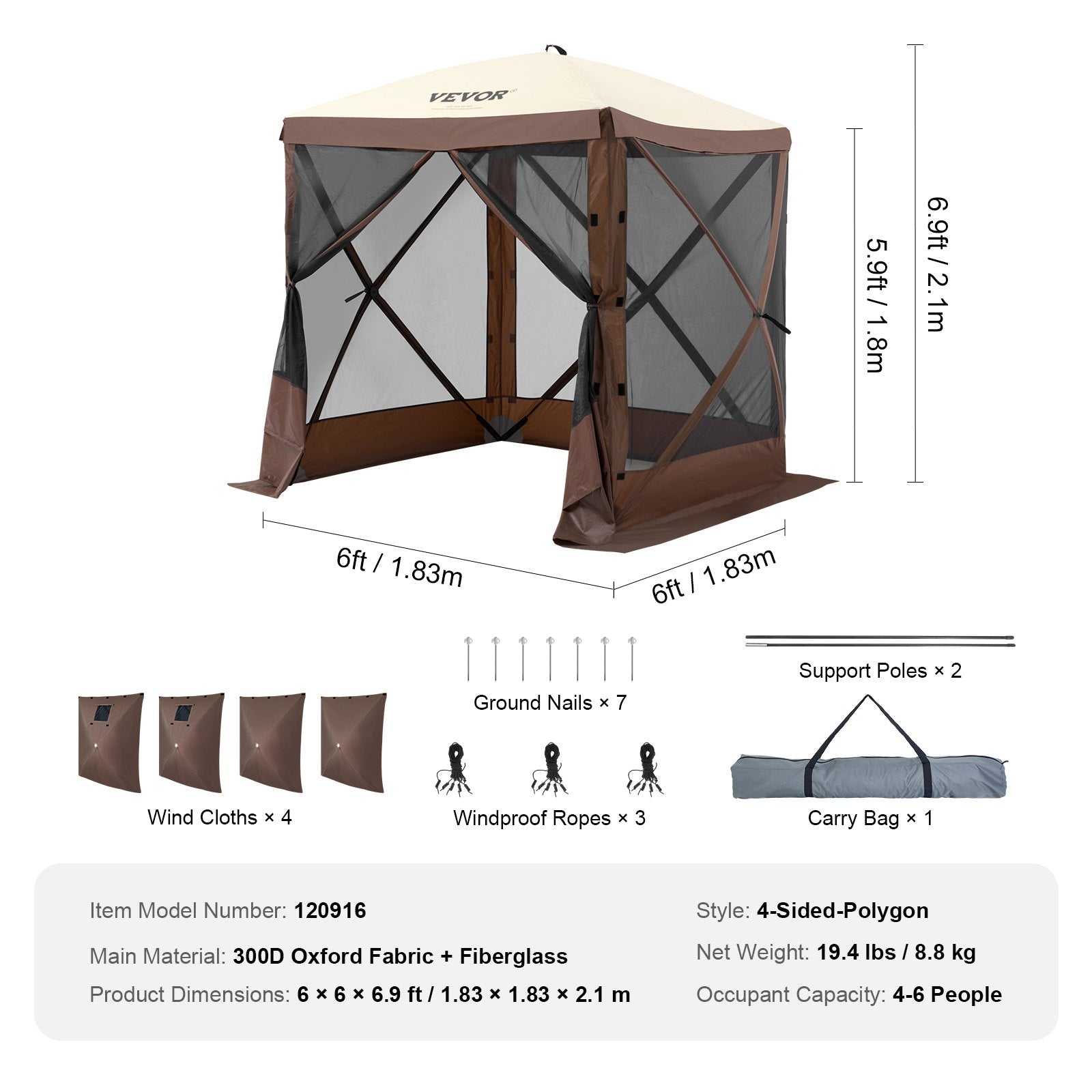 Pop Up Gazebo Tent, Pop-Up Screen Tent 4 Sided Canopy Sun Shelter with 4 Removable Privacy Wind Cloths & Mesh Windows, 6x6FT Quick Set Screen Tent with Mosquito Netting, Brown - Image 7