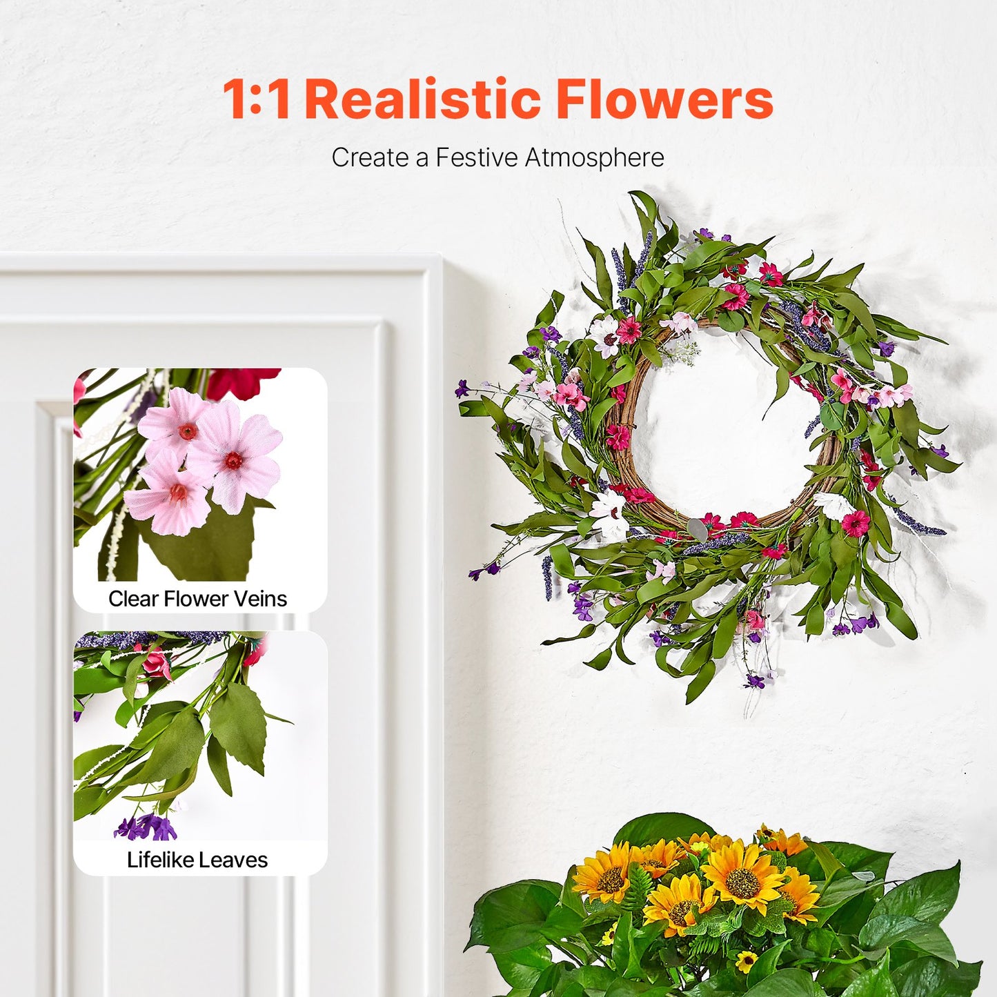 Artificial Decorative Wreath 55.88 cm Pink Green with Daisies Year Round - Image 2