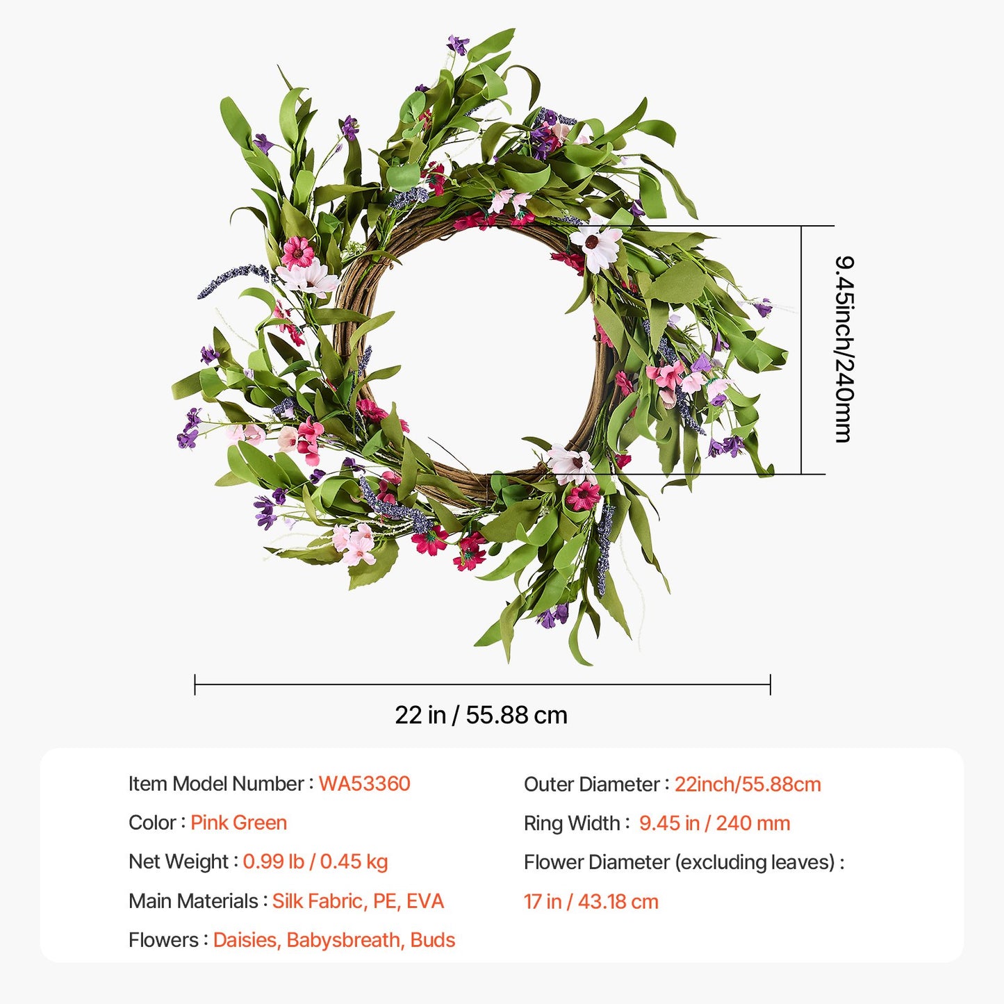 Artificial Decorative Wreath 55.88 cm Pink Green with Daisies Year Round - Image 7