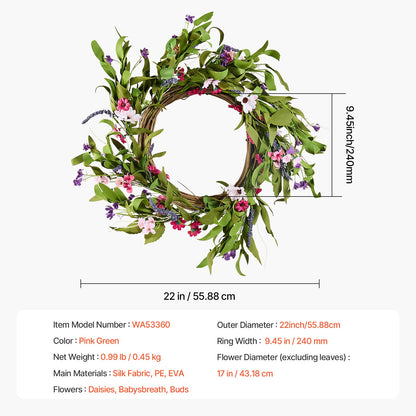 Artificial Decorative Wreath 55.88 cm Pink Green with Daisies Year Round - Image 7