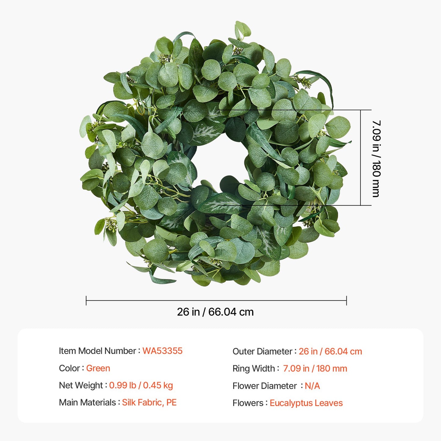 Artificial Decorative Wreath 66.04 cm Green Eucalyptus Leaves Year Round - Image 7