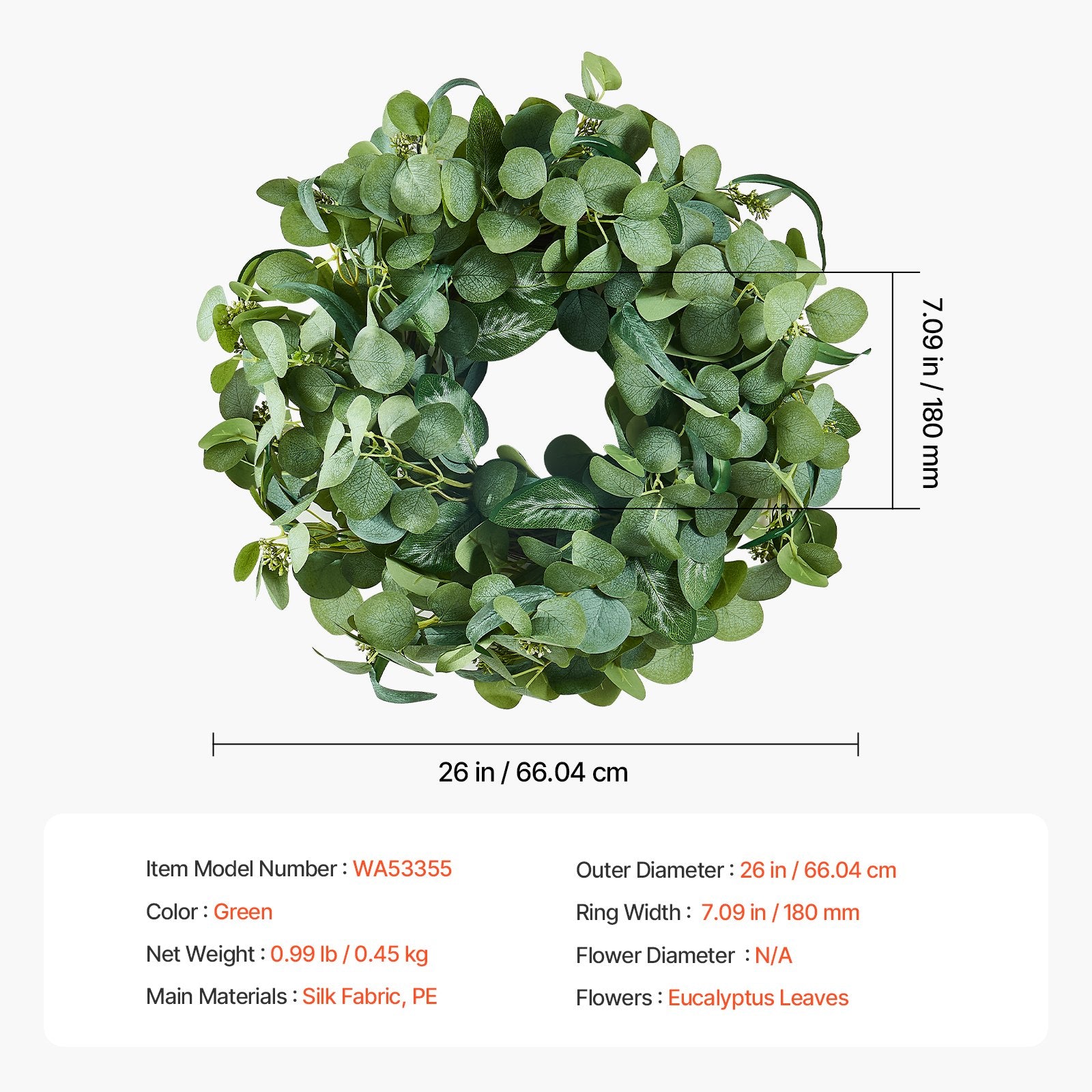 Artificial Decorative Wreath 66.04 cm Green Eucalyptus Leaves Year Round - Image 7