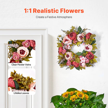 Artificial Decorative Wreath 48.26 cm Pink Peonies Hydrangeas Year Round - Image 2