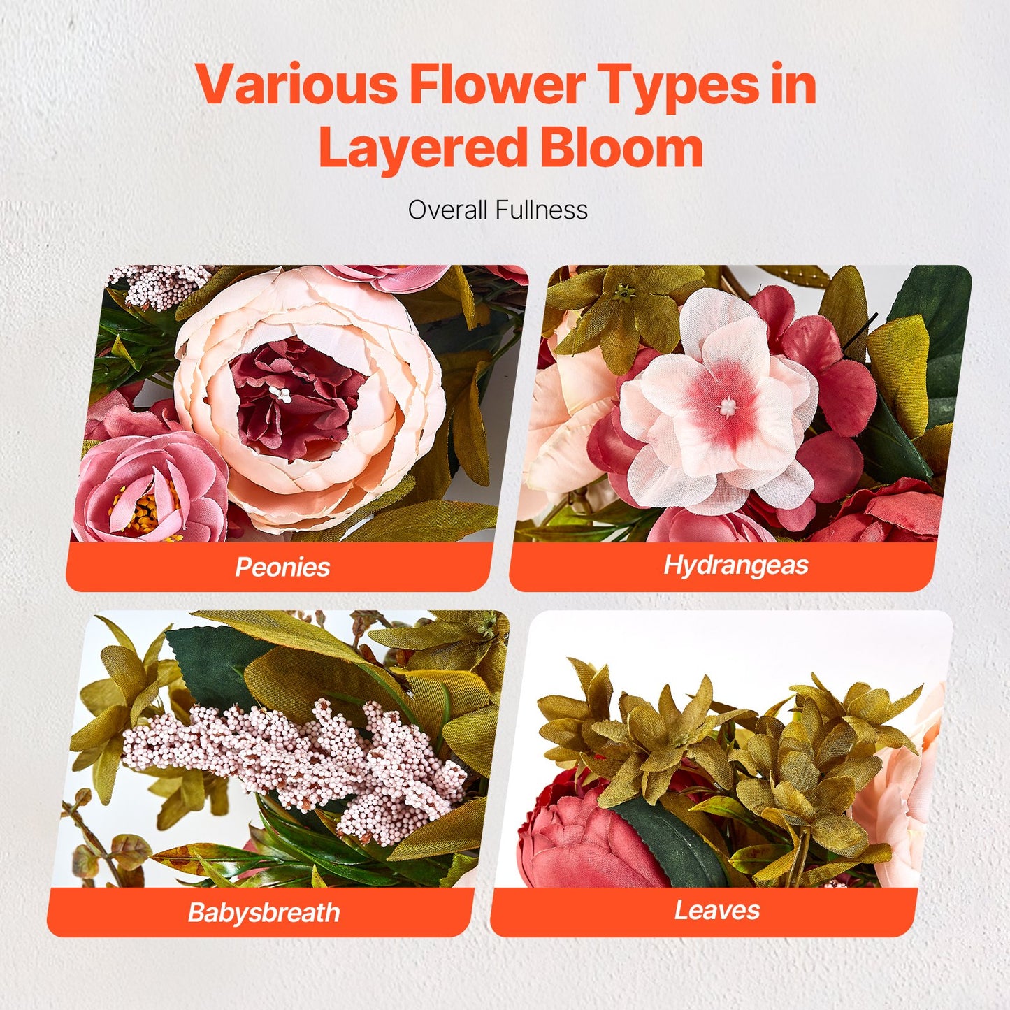 Artificial Decorative Wreath 48.26 cm Pink Peonies Hydrangeas Year Round - Image 4