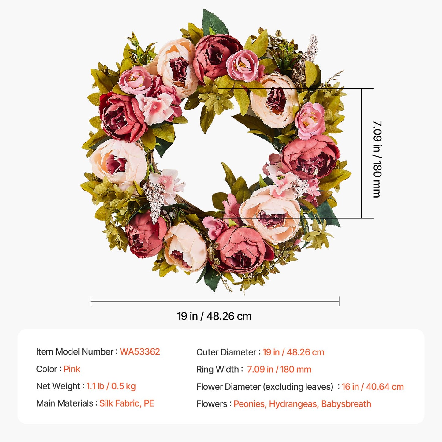 Artificial Decorative Wreath 48.26 cm Pink Peonies Hydrangeas Year Round - Image 7