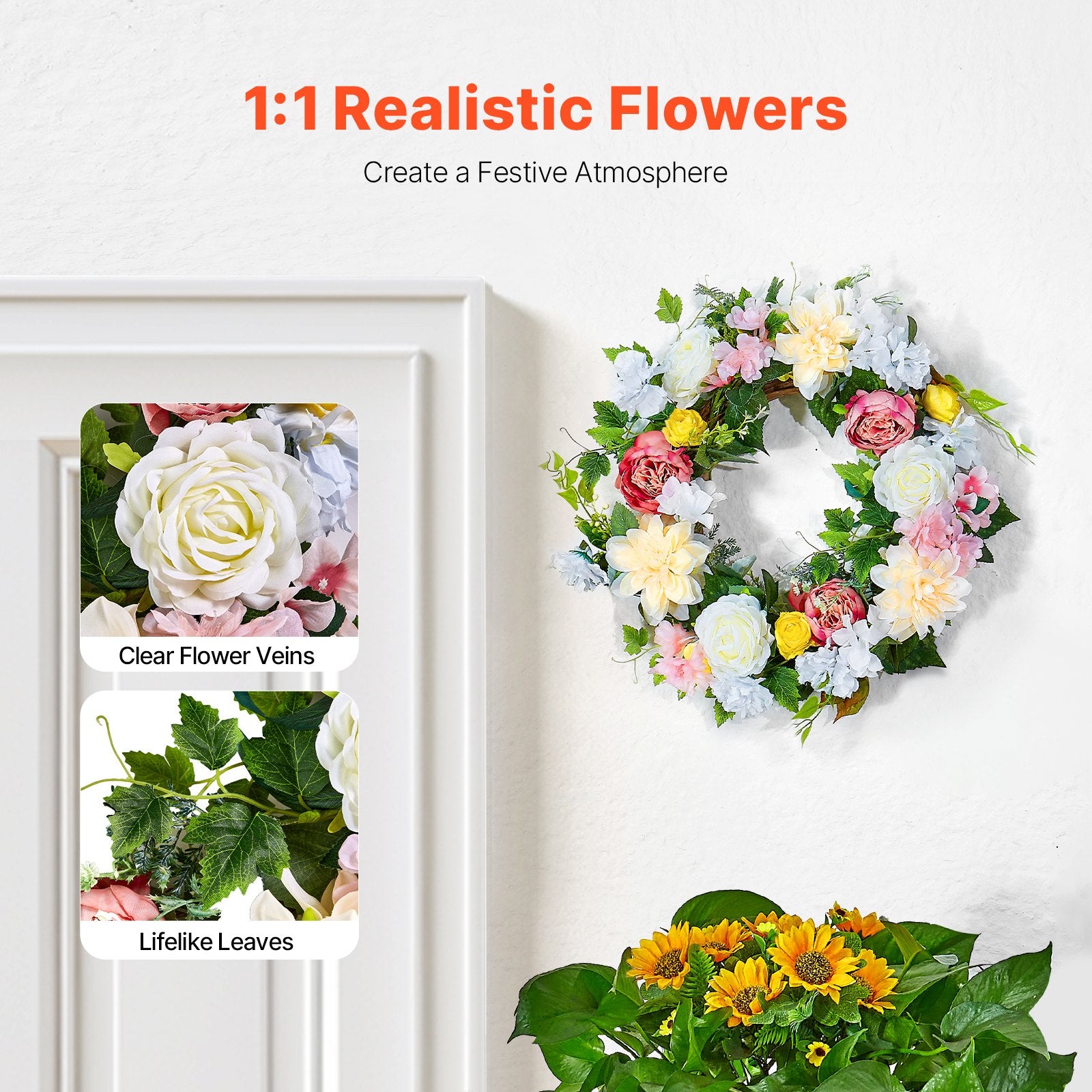 Artificial Decorative Wreath 60.96 cm White Pink Yellow Peonies Hydrangeas - Image 2