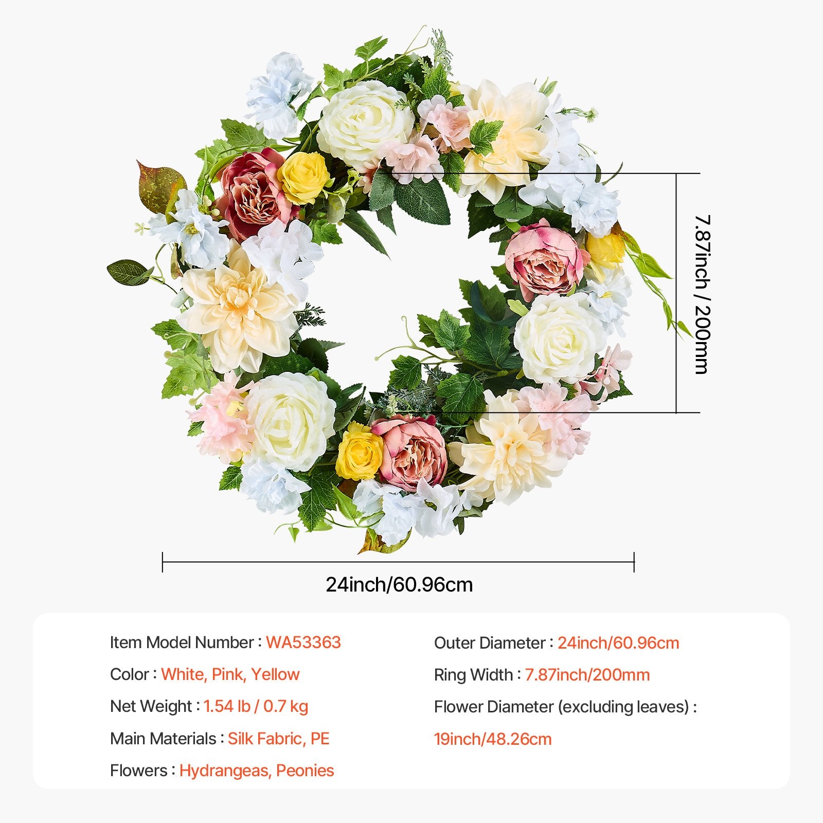 Artificial Decorative Wreath 60.96 cm White Pink Yellow Peonies Hydrangeas - Image 7