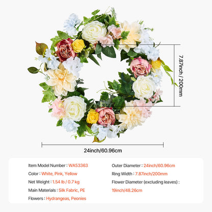 Artificial Decorative Wreath 60.96 cm White Pink Yellow Peonies Hydrangeas - Image 7