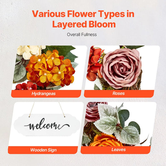 Artificial Decorative Wreath 60.96 cm Red Orange Yellow Hydrangeas Roses - Image 4