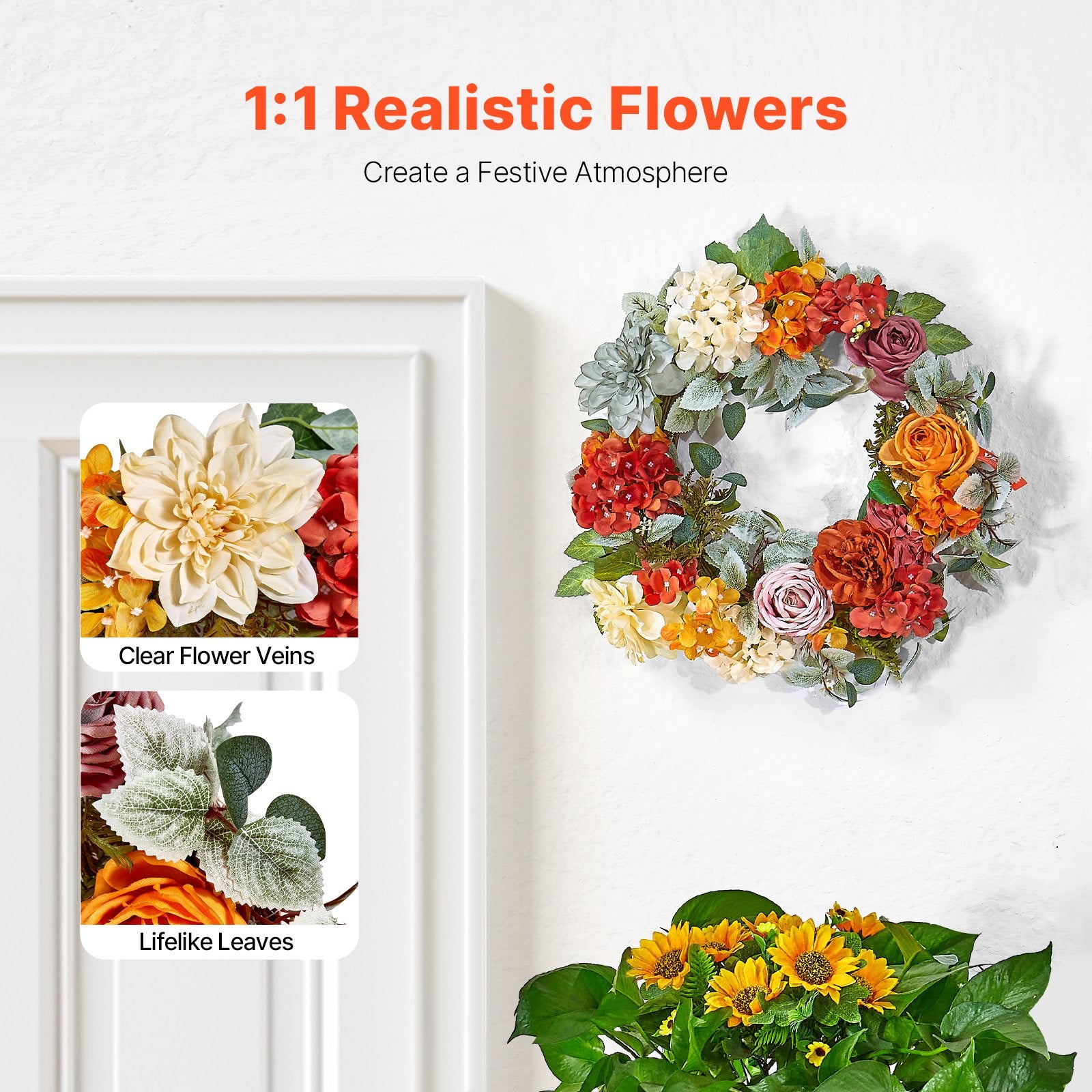 Artificial Decorative Wreath 60.96 cm Red Orange Yellow Hydrangeas Roses - Image 2