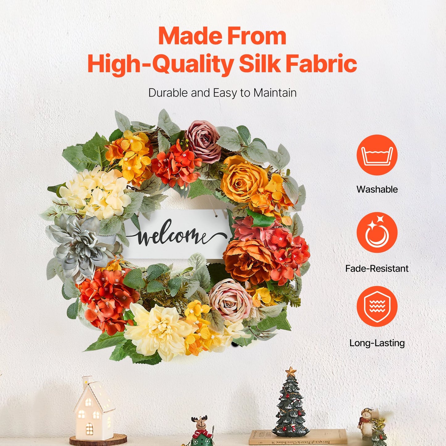 Artificial Decorative Wreath 60.96 cm Red Orange Yellow Hydrangeas Roses - Image 3