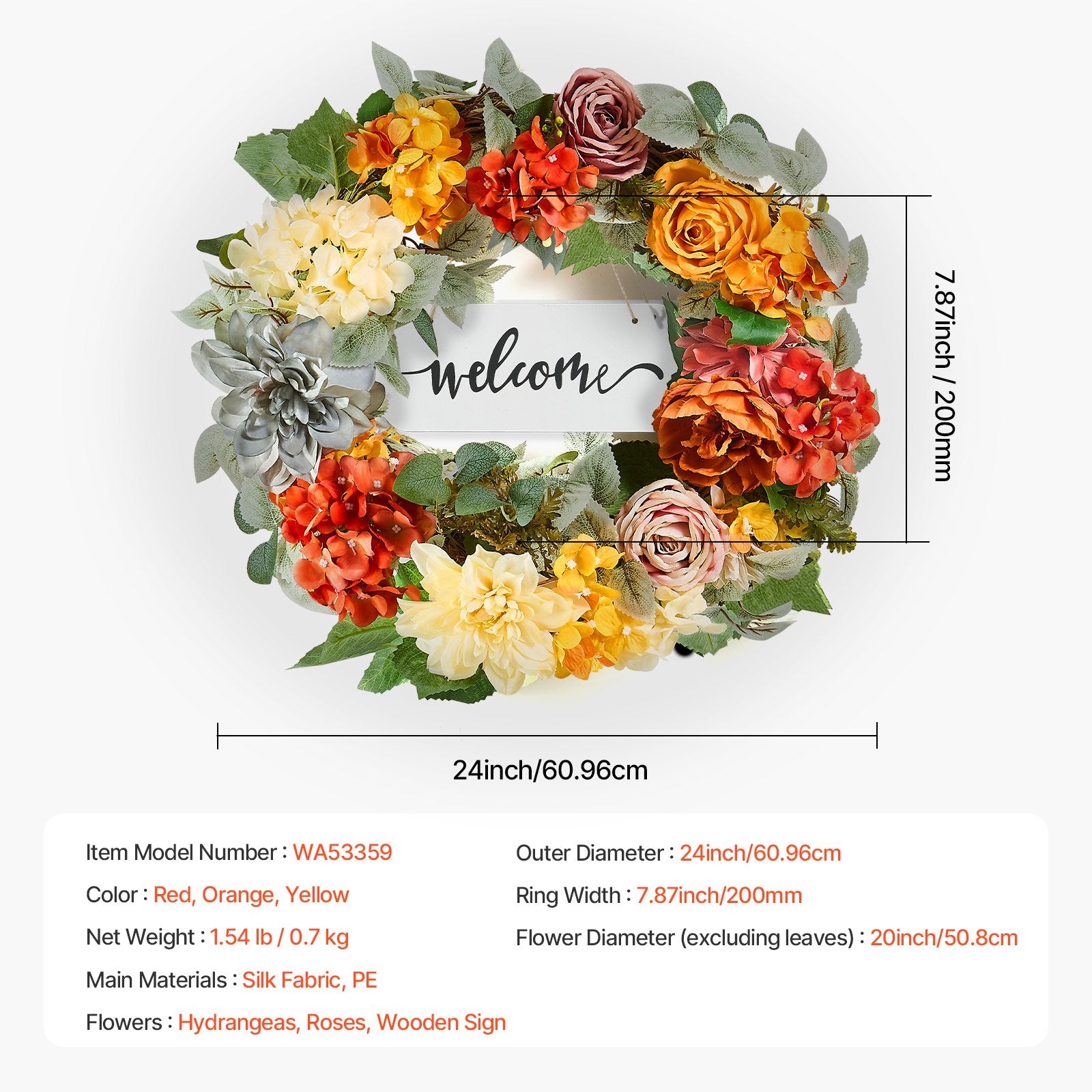 Artificial Decorative Wreath 60.96 cm Red Orange Yellow Hydrangeas Roses - Image 7