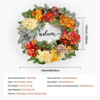 Artificial Decorative Wreath 60.96 cm Red Orange Yellow Hydrangeas Roses - Image 7