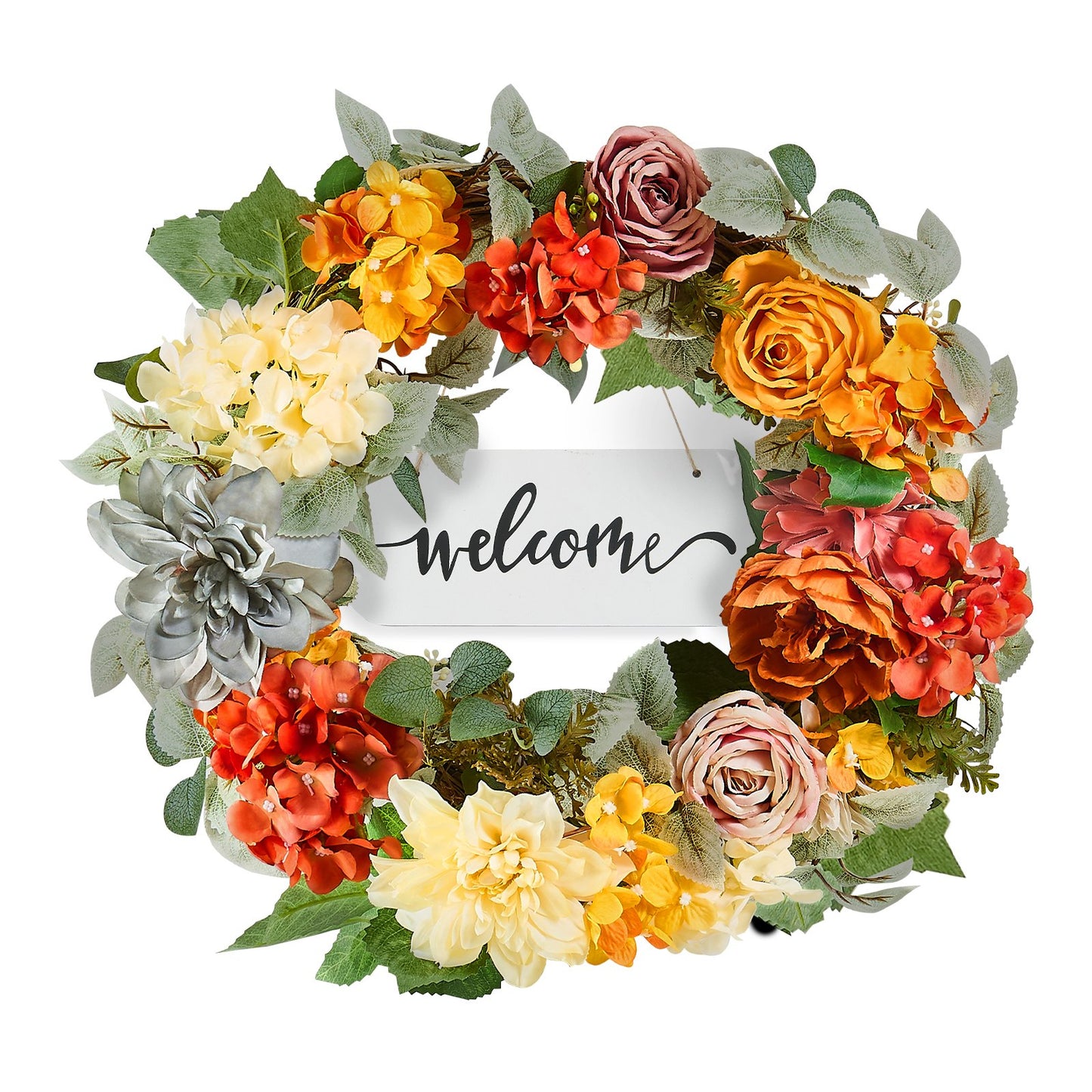 Artificial Decorative Wreath 60.96 cm Red Orange Yellow Hydrangeas Roses - Image 9