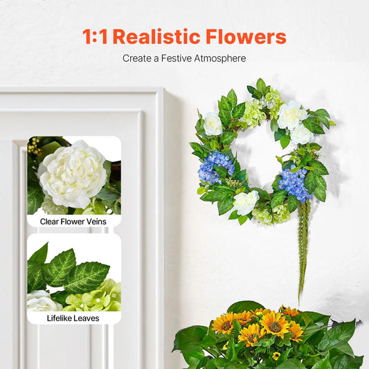 Artificial Decorative Wreath 58.42 cm Blue White Green Hydrangeas Roses - Image 2