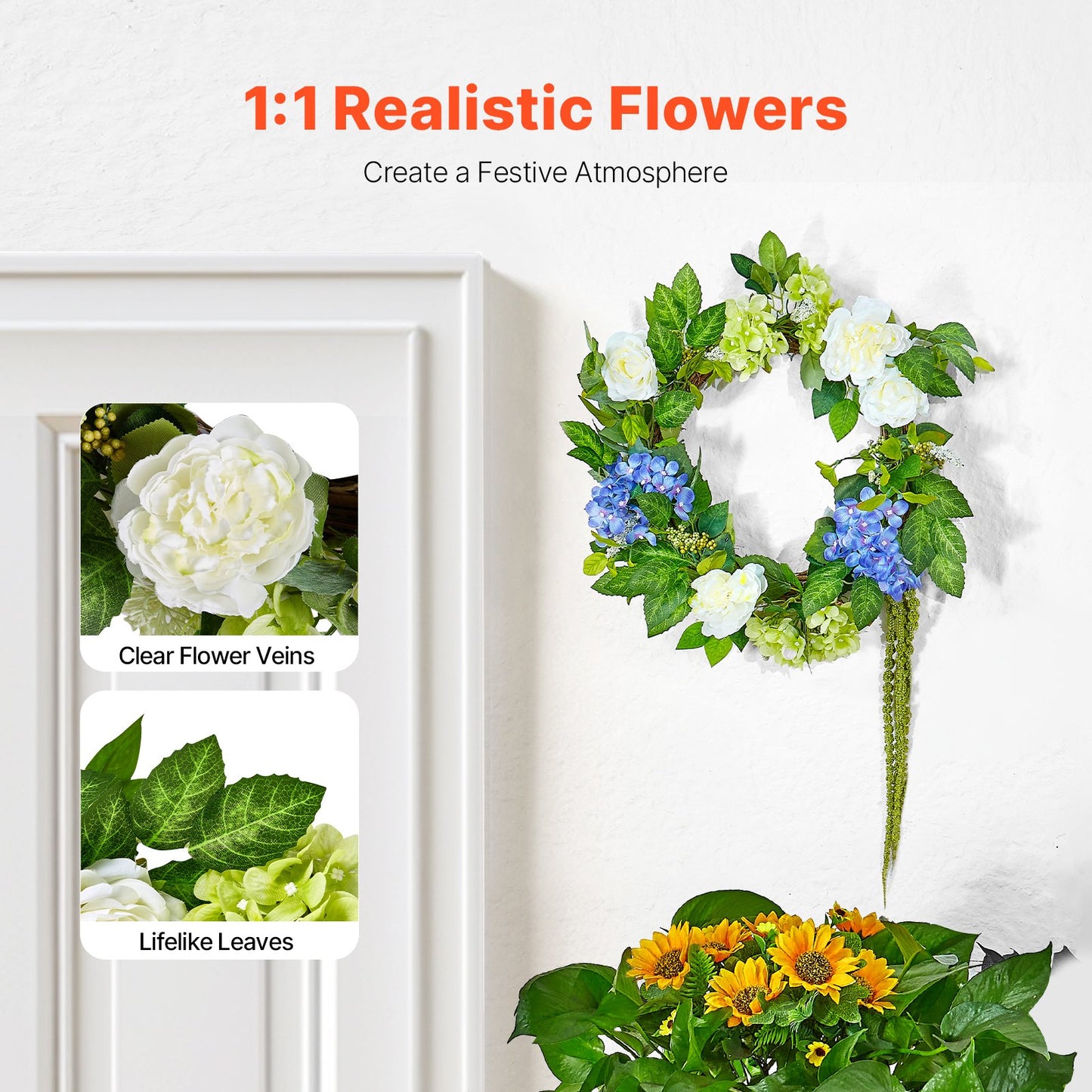 Artificial Decorative Wreath 58.42 cm Blue White Green Hydrangeas Roses - Image 2