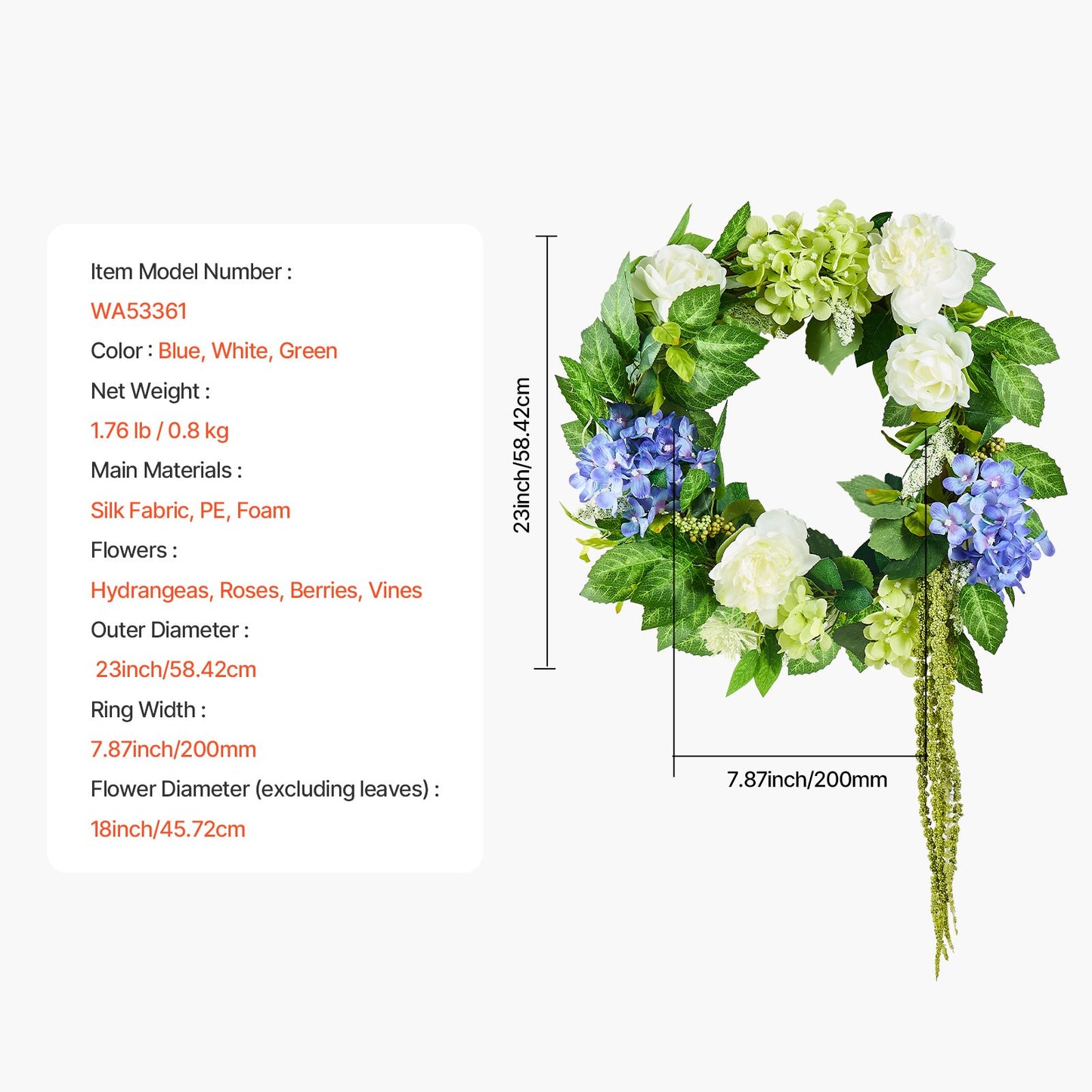 Artificial Decorative Wreath 58.42 cm Blue White Green Hydrangeas Roses - Image 7