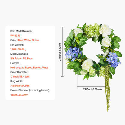Artificial Decorative Wreath 58.42 cm Blue White Green Hydrangeas Roses - Image 7