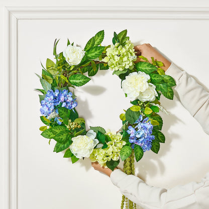 Artificial Decorative Wreath 58.42 cm Blue White Green Hydrangeas Roses - Image 8