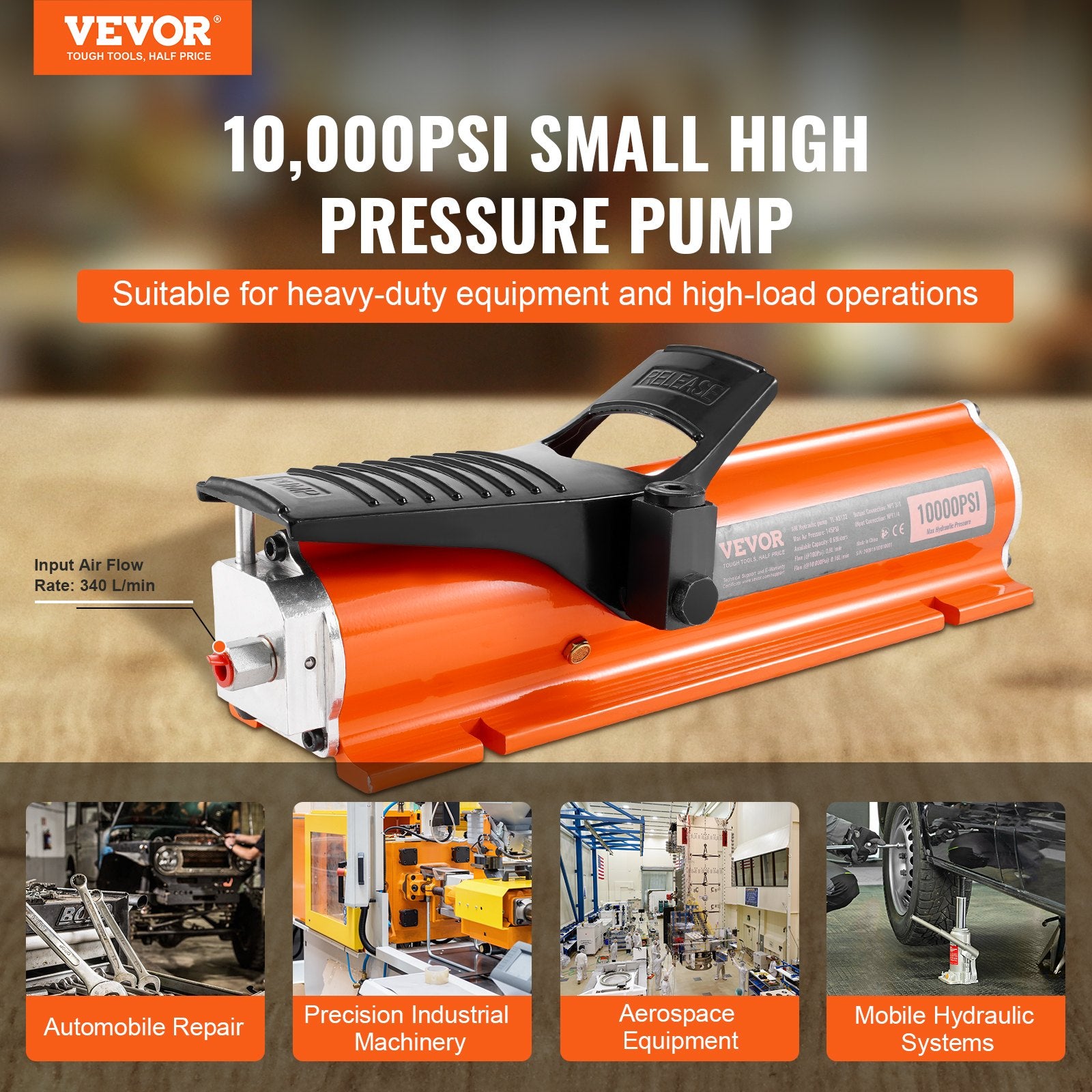 10,000PSI Air Hydraulic Pump, 0.18 Gal Reservoir, NPT 3/8 In Oil Outlet, NPT 1/4 In Inlet, Metal Shell Air Actuated Treadle Foot Pump, for Precision Industrial Machinery & Aerospace Equipment - Image 2