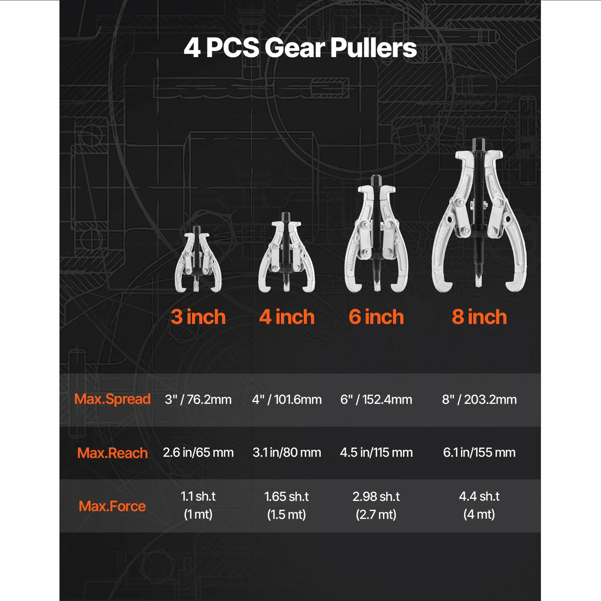 Gear Puller Set, 76.2 mm/101.6 mm/152.4 mm/203.2 mm 3 Jaw Bearing Puller with Reversible Jaws, 2 Jaw/3 Jaw Pulley Puller, 4 PCS Bearing Puller Tool Kit for Pulley Gear Bearing Flywheel Removal - Image 6