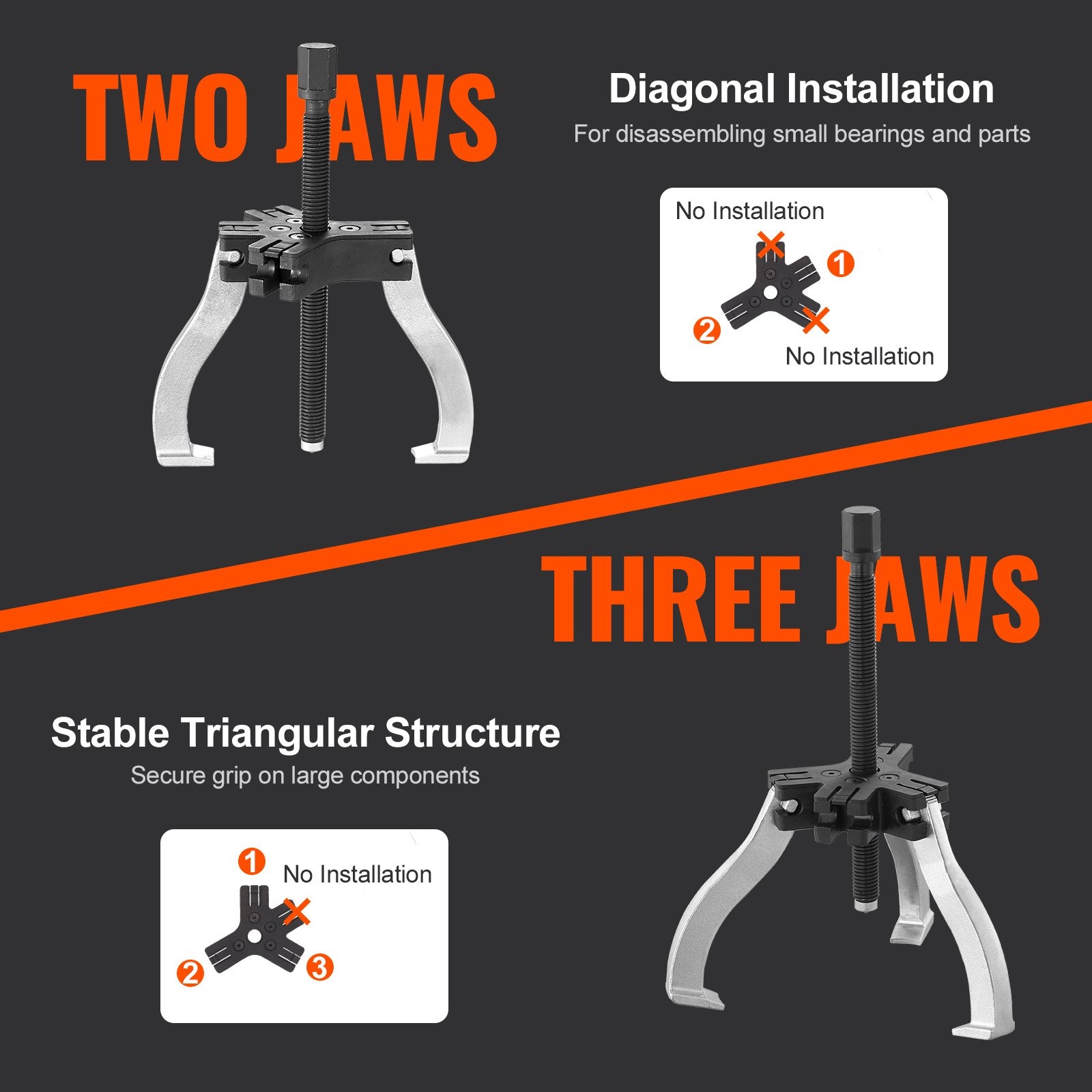 Gear Puller Set, 3" and 7" Puller Kit, 3 Jaw Gear Bearing Flywheel Pulley Removal Tool, 2 or 3 Reversible Jaws Wheel Puller, Vertically and Horizontally, External and Internal, 2-Piece - Image 3