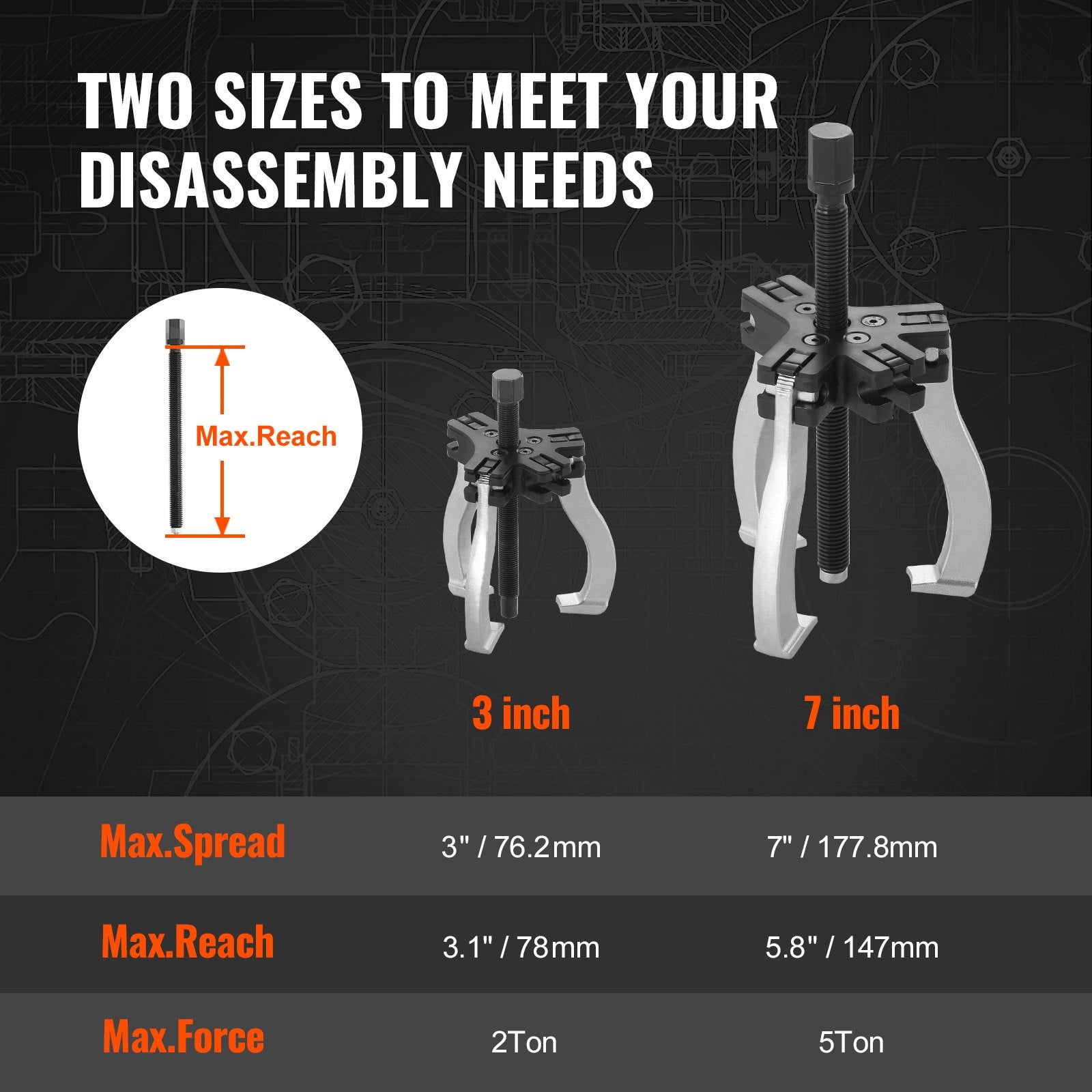 Gear Puller Set, 3" and 7" Puller Kit, 3 Jaw Gear Bearing Flywheel Pulley Removal Tool, 2 or 3 Reversible Jaws Wheel Puller, Vertically and Horizontally, External and Internal, 2-Piece - Image 7