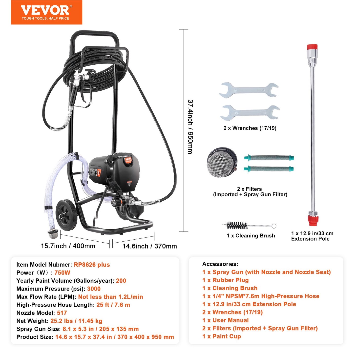 Stand Airless Paint Sprayer, 750W 3000PSI High Efficiency Electric Airless Sprayer With Cart, Fine And Even Painting Effect, Paint Sprayers for Home Interior and Exterior Furniture and Fences - Image 7