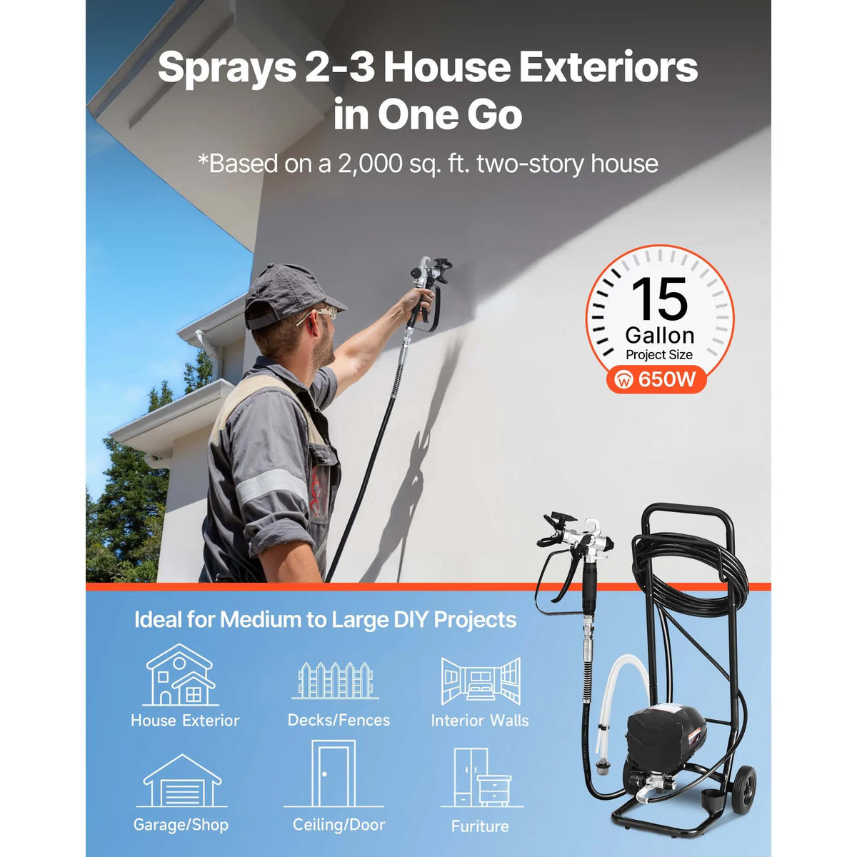 Stand Airless Paint Sprayer, 650W, 3000PSI High Pressure Airless Sprayer with Cart, Cleaning Brush, Hose, Extension Rod, Nozzles, Electric Spray Paint Machine for House Exterior and Interior - Image 2
